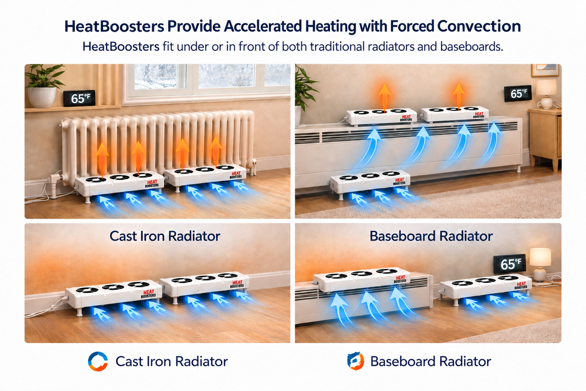 Branded three-fan HeatBooster packs demonstrating airflow with cast iron and baseboard radiators.