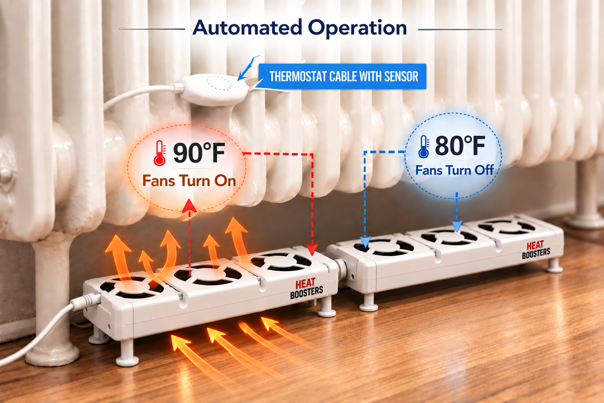 HeatBooster automatic operation: two three-fan packs with thermostat sensor, fans on at 90°F and off at 80°F.
