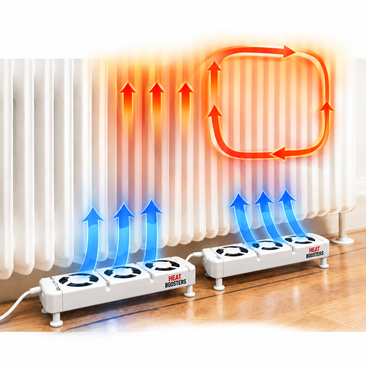 Two three-fan HeatBooster packs with right-side branding circulate warm air through a radiator.